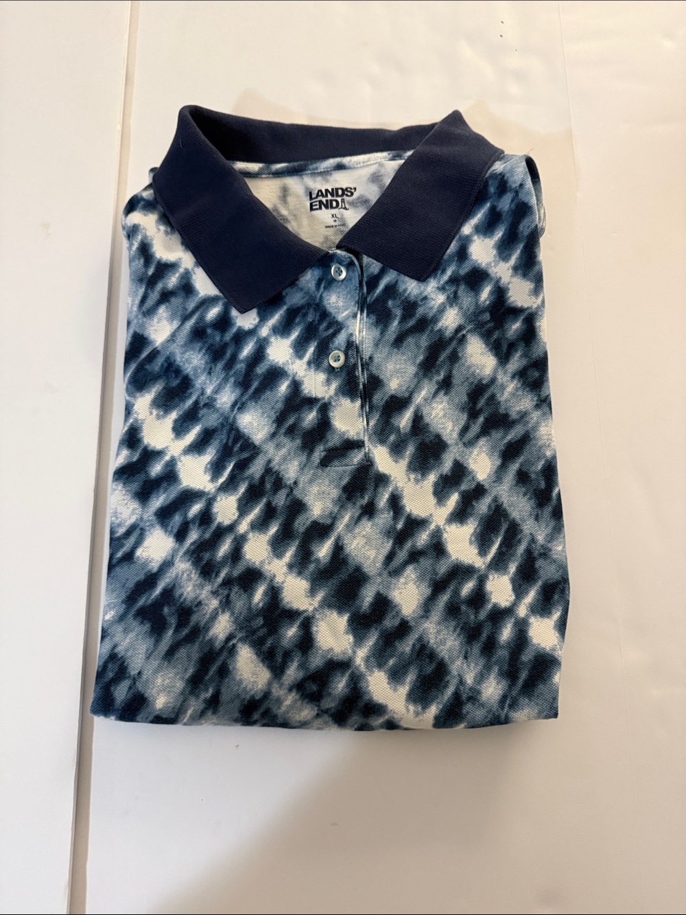 Lands' End Navy and White Tie-Dye Polo